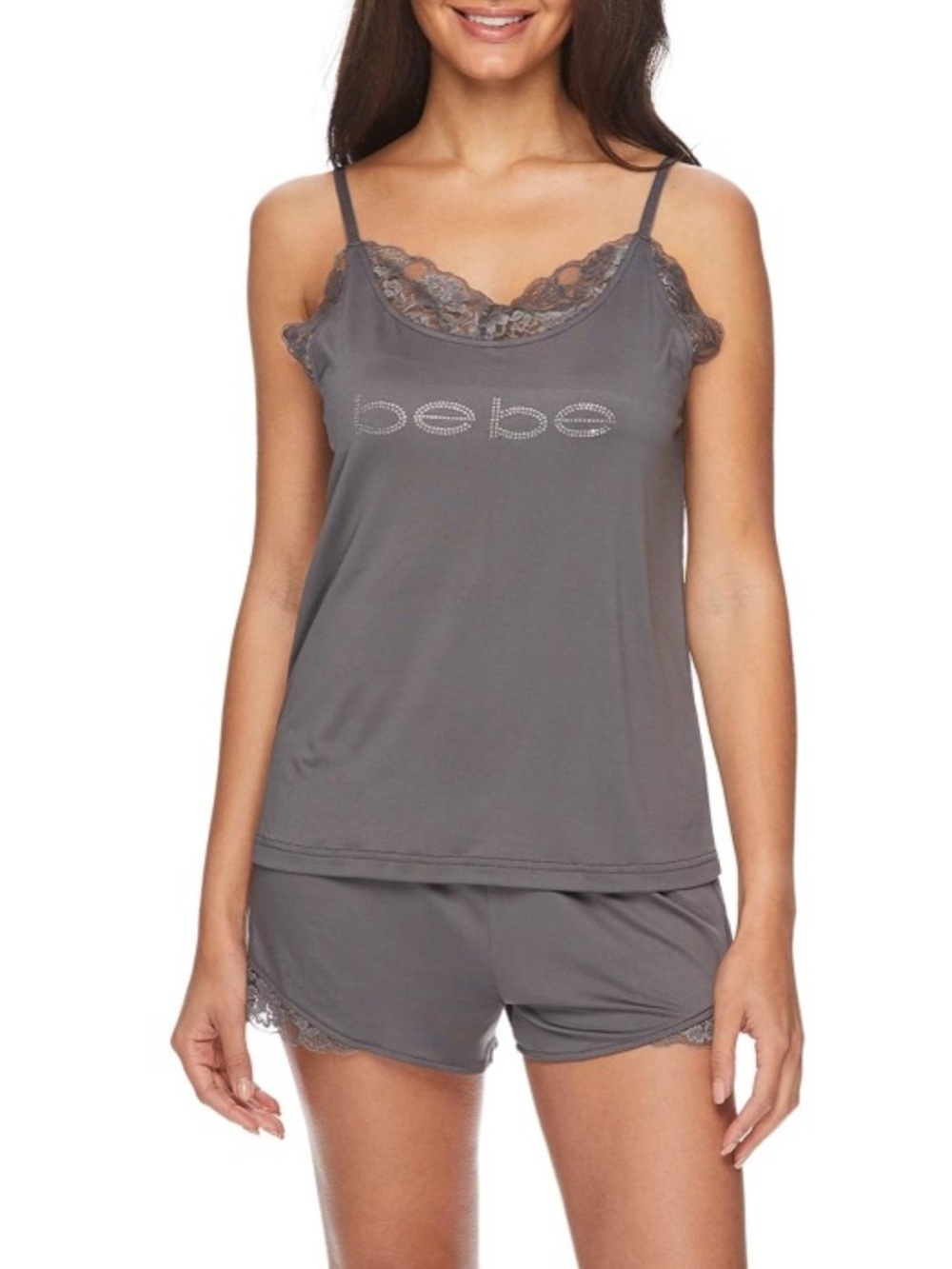 bebe Silver Satin Lace-Trim Cami & Short Sleep Set size XL